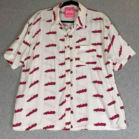 Forever 21 Tops - Barbie x forever 21 button front womens large shirt pink car short sleeve
